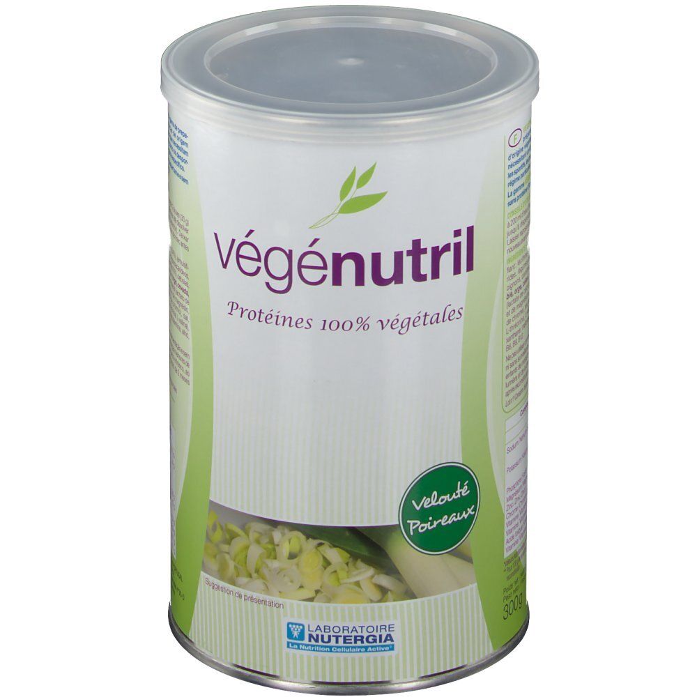 Blik Vegenutril Veloute Pdr, met deksel. Opschrift: Vegenutril, Proteines 100% vegetales. Logo NUTERGIA. 300g.