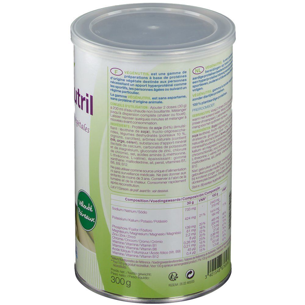 Blik Vegenutril Veloute Pdr, achterkant. Opschrift: Vegenutril, voedingstabel, ingrediënten. Logo NUTERGIA. 300g.