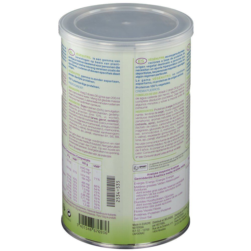 Blik Vegenutril Veloute Pdr, achterkant. Opschrift: Vegenutril, voedingstabel, ingrediënten. Logo NUTERGIA. 300g.