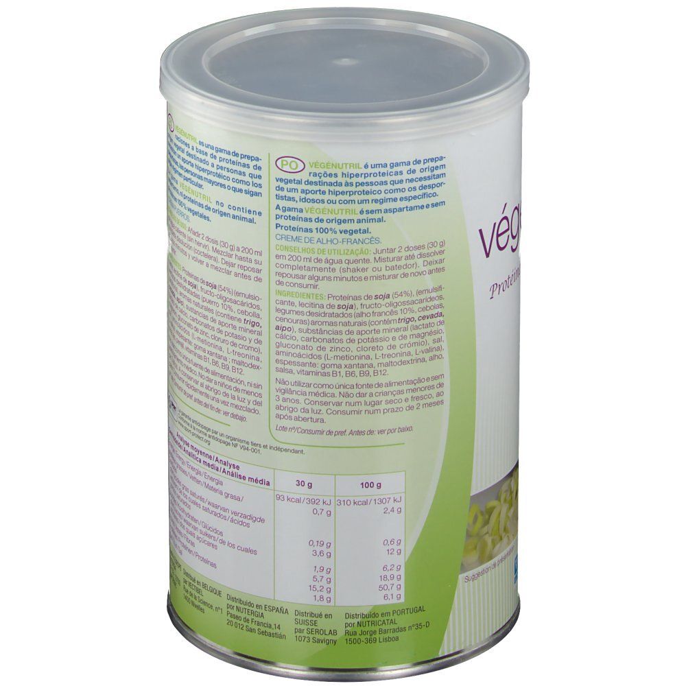 Blik Vegenutril Veloute Pdr, achterkant. Opschrift: Vegenutril, voedingstabel, ingrediënten. Logo NUTERGIA. 300g.