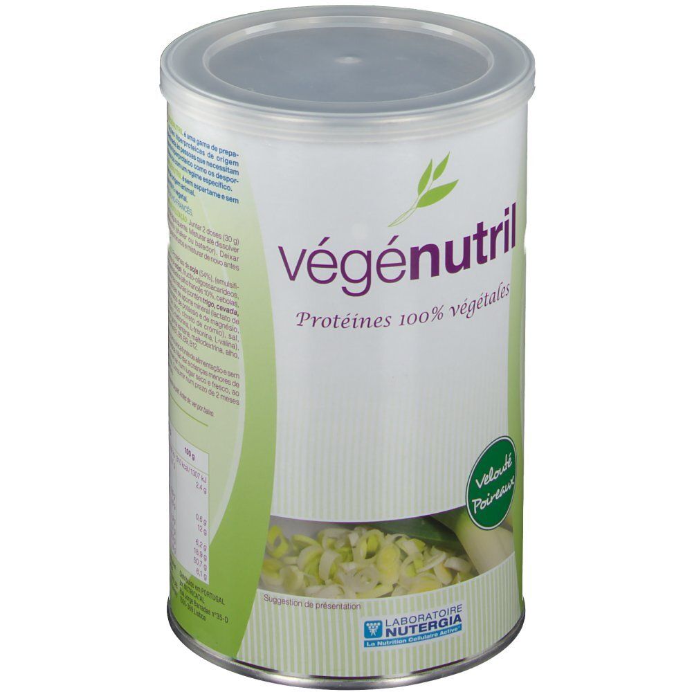Blik Vegenutril Veloute Pdr, met deksel. Opschrift: Vegenutril, Proteines 100% vegetales. Logo NUTERGIA. 300g.