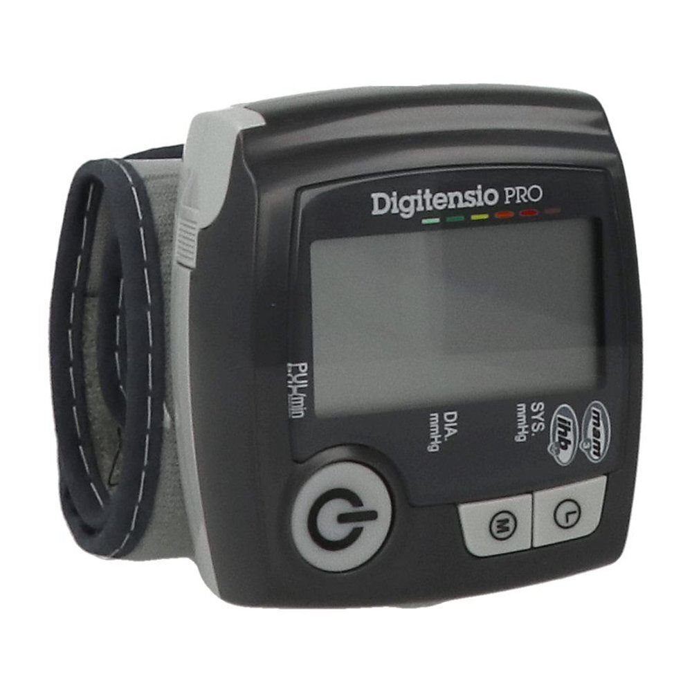 Zwarte polsbloeddrukmeter met display en manchet. Toont het Digitensio PRO logo.