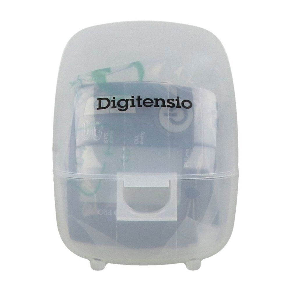 Tensiomètre dans une boîte de rangement transparente. Le logo Digitensio est visible.