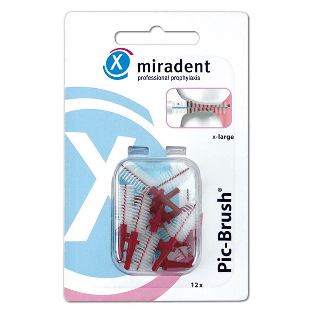 Verpakking miradent Pic-Brush interdentale borstels. Rode handgreep, witte borstelharen. X-large formaat. 12 stuks.