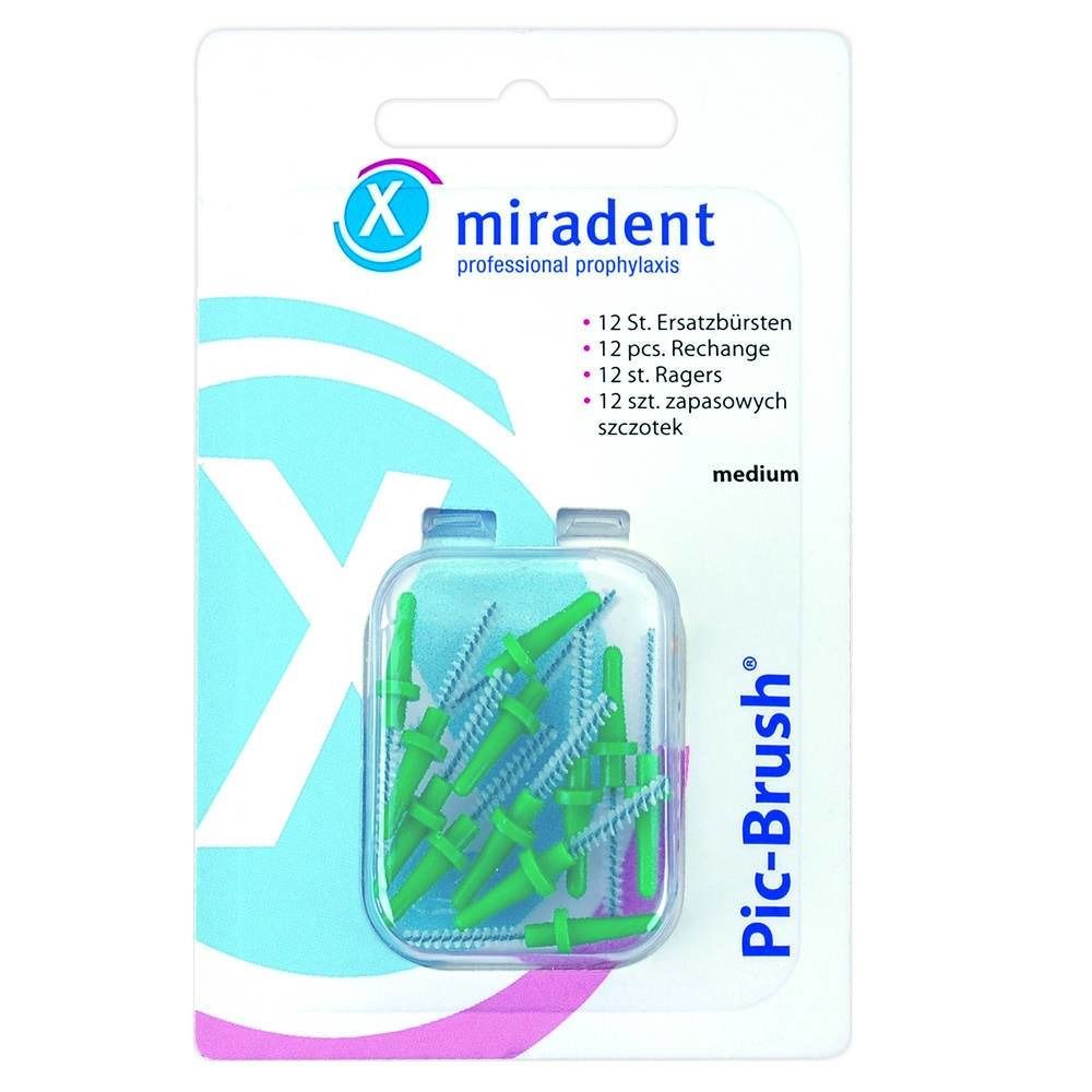 Miradent Pic-Brush Brossette Vert, 12 navullingen in blisterverpakking. Groene borstels, blauwe borstelzone, "medium".