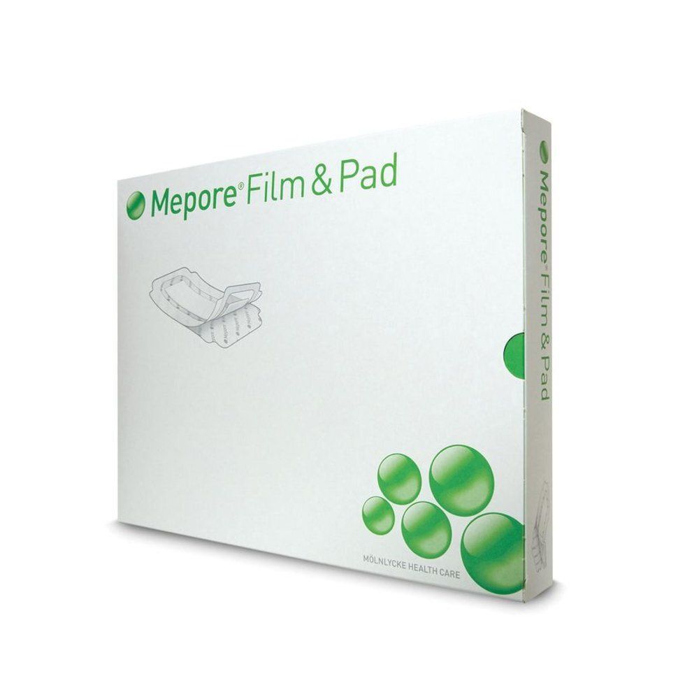 Witte verpakking met groen logo "Mepore Film & Pad". Illustratie van een verband. Tekst: Mölnlycke Health Care.