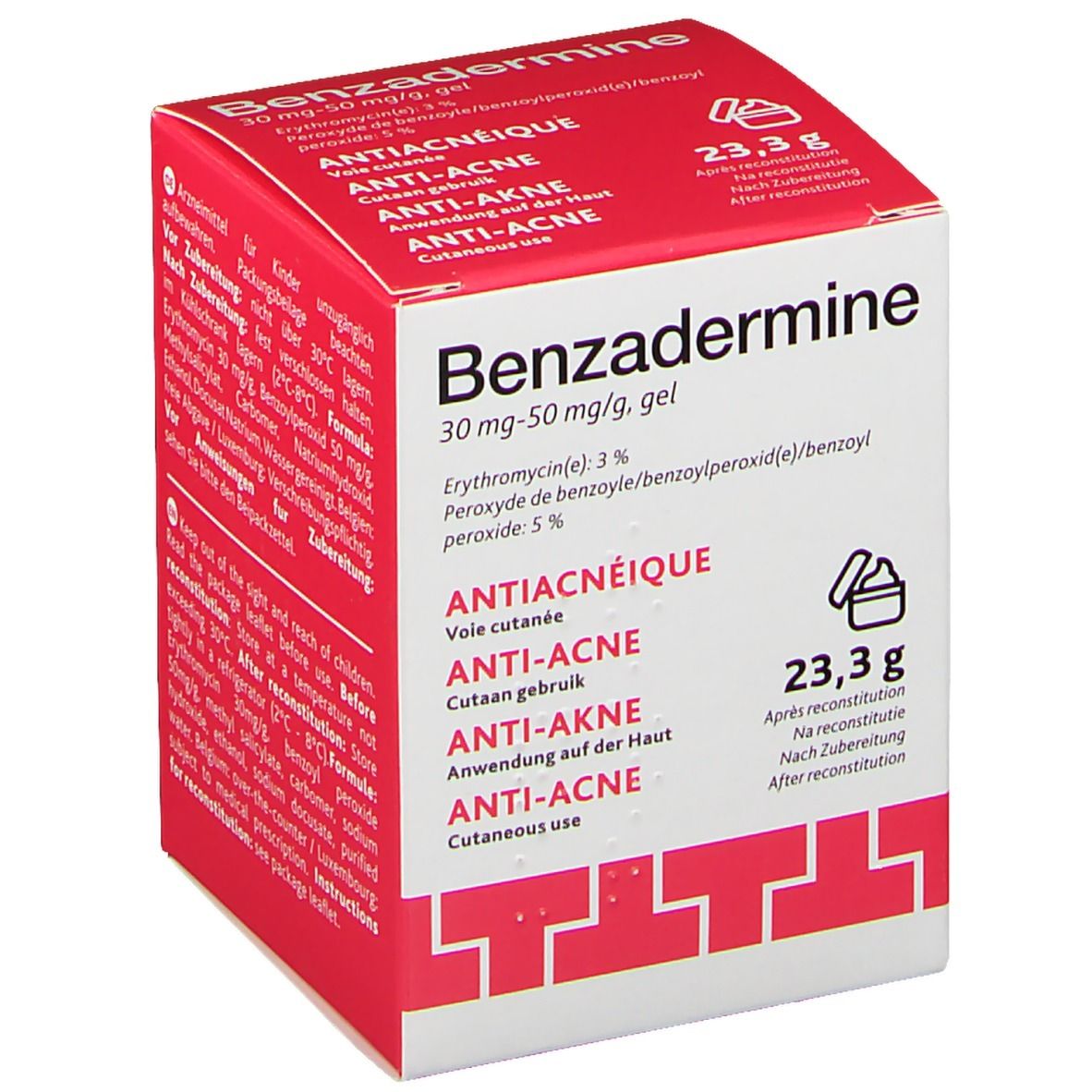 Boîte rouge "Benzadermine". Contient 23,3 g de gel. Texte en allemand, français, anglais et néerlandais.