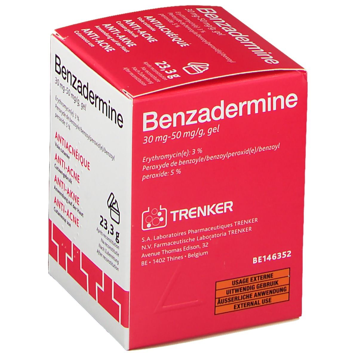 Boîte rouge "Benzadermine". Contient 23,3 g de gel. Inscriptions en allemand, français, anglais et néerlandais. Marque : Trenker.