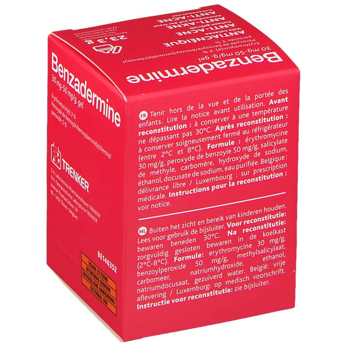 Boîte rouge "Benzadermine" avec texte en allemand, français, anglais et néerlandais. Contient 23,3 g de gel. Marque : Trenker.