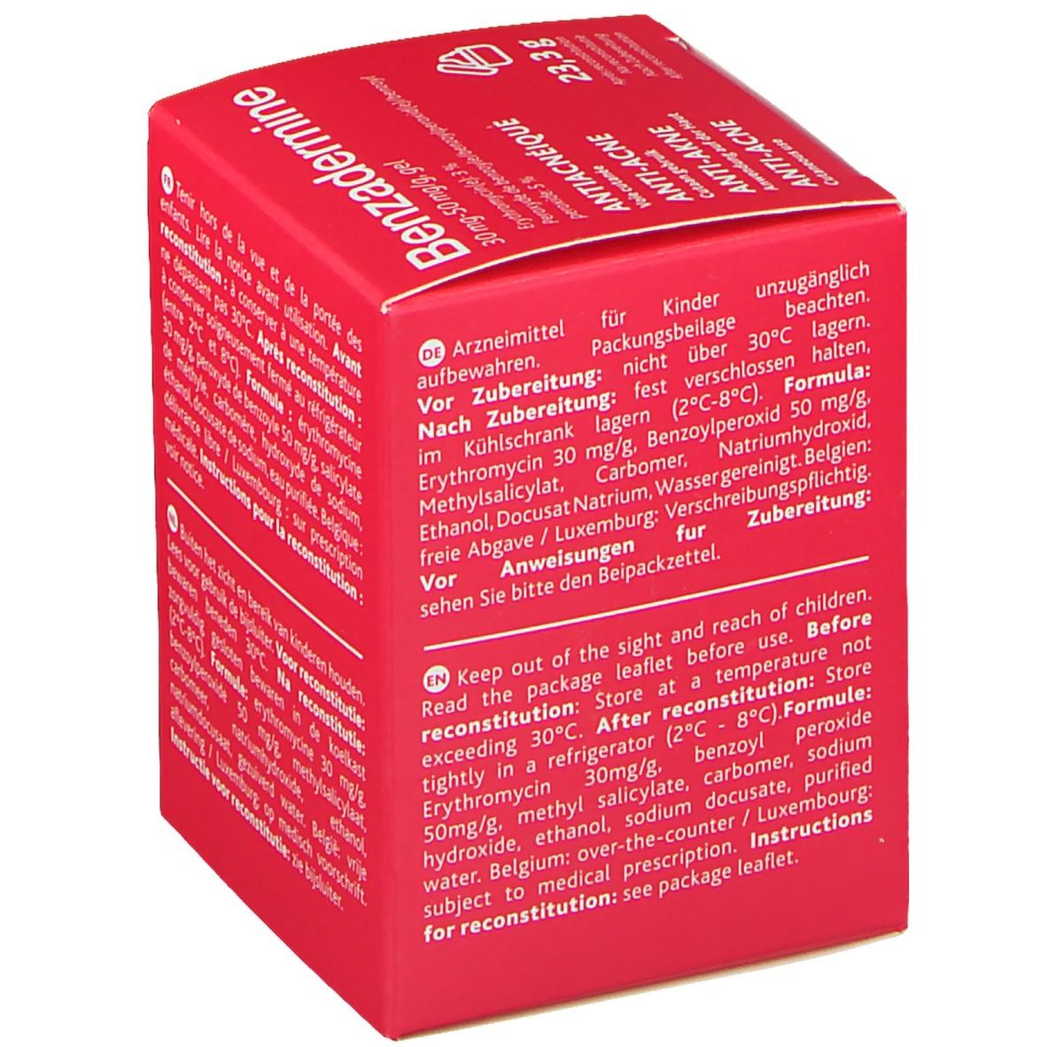 Boîte rouge "Benzadermine" avec texte en allemand, français, anglais et néerlandais. Contient 23,3 g de gel. Marque : Trenker.