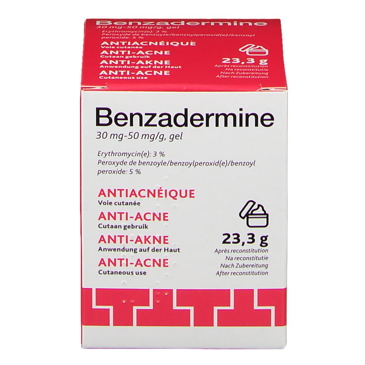 Boîte rouge "Benzadermine" avec texte en allemand, français, anglais et néerlandais. Contient 23,3 g de gel.