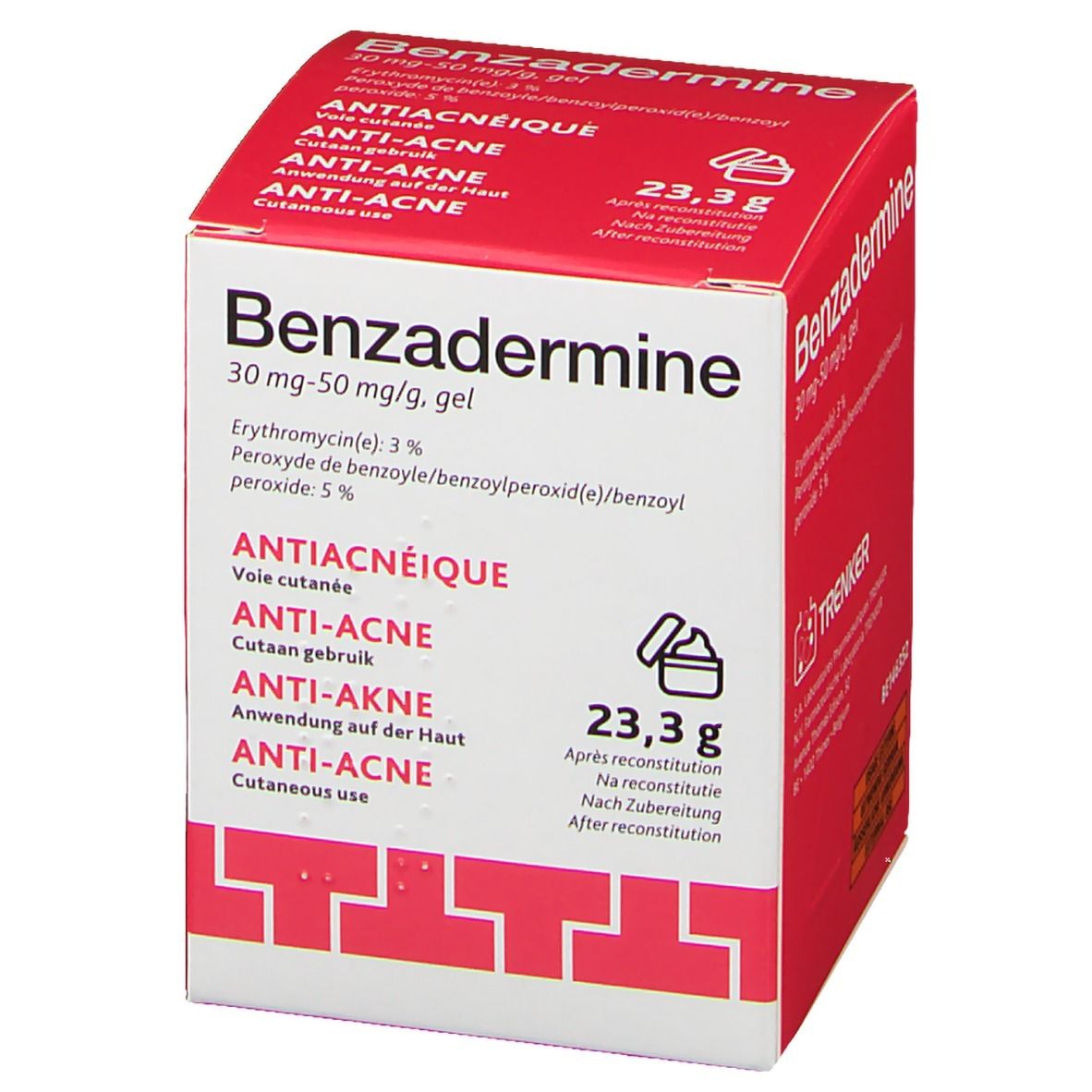 Boîte rouge "Benzadermine" avec texte en allemand, français, anglais et néerlandais. Contient 23,3 g de gel.