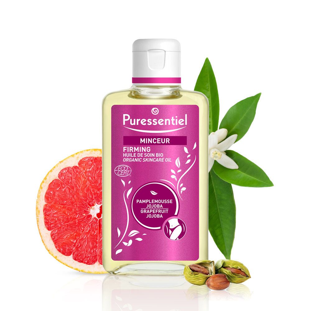 Flacon d'huile Puressentiel Minceur. Étiquette rose, pamplemousse, jojoba. Pamplemousse, feuilles et fleurs.