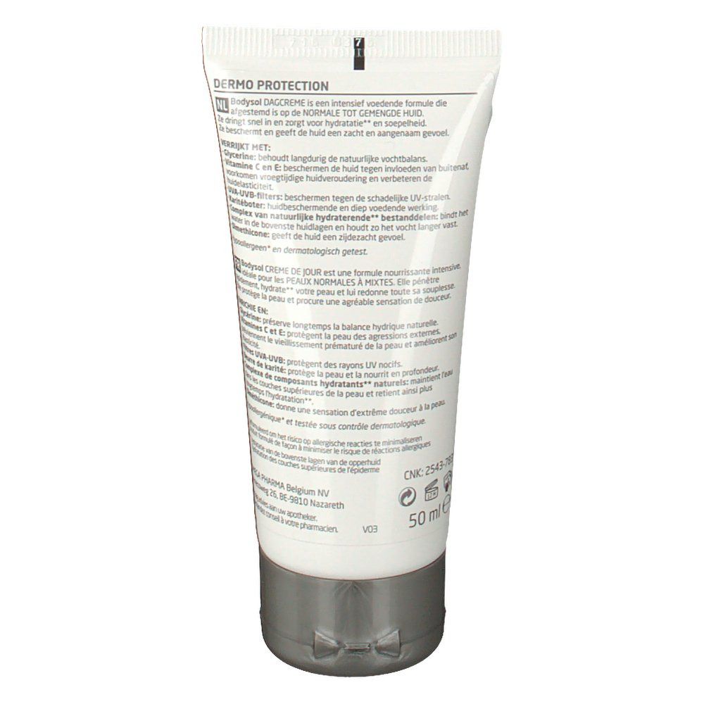 Achterkant van de crèmetube. Tekst met productinformatie en fabrikantgegevens. 50 ml.