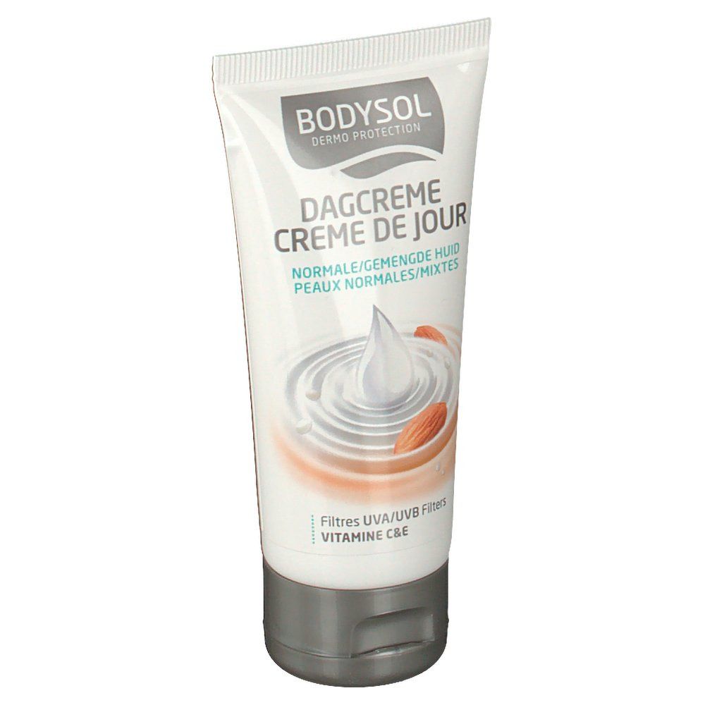 Crèmetube met productnaam en illustratie. Bevat UVA/UVB-filters en vitamine C&E. Voor normale huid.