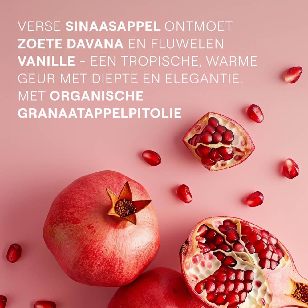 Rode tube met Weleda-logo en productnaam. Tekst: Inspire, Crème de Douche, Granaatappel. Bio-certificering.