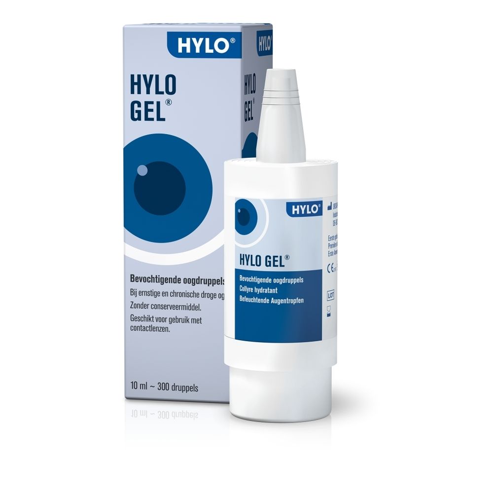 Boîte de Hylo-Gel gouttes oculaires. Étiquetage français, motif d'œil et informations produit.