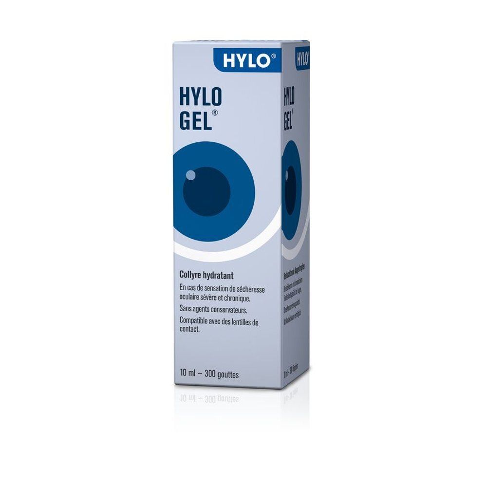 Flacon de Hylo-Gel gouttes oculaires. Étiquetage français, applicateur blanc.
