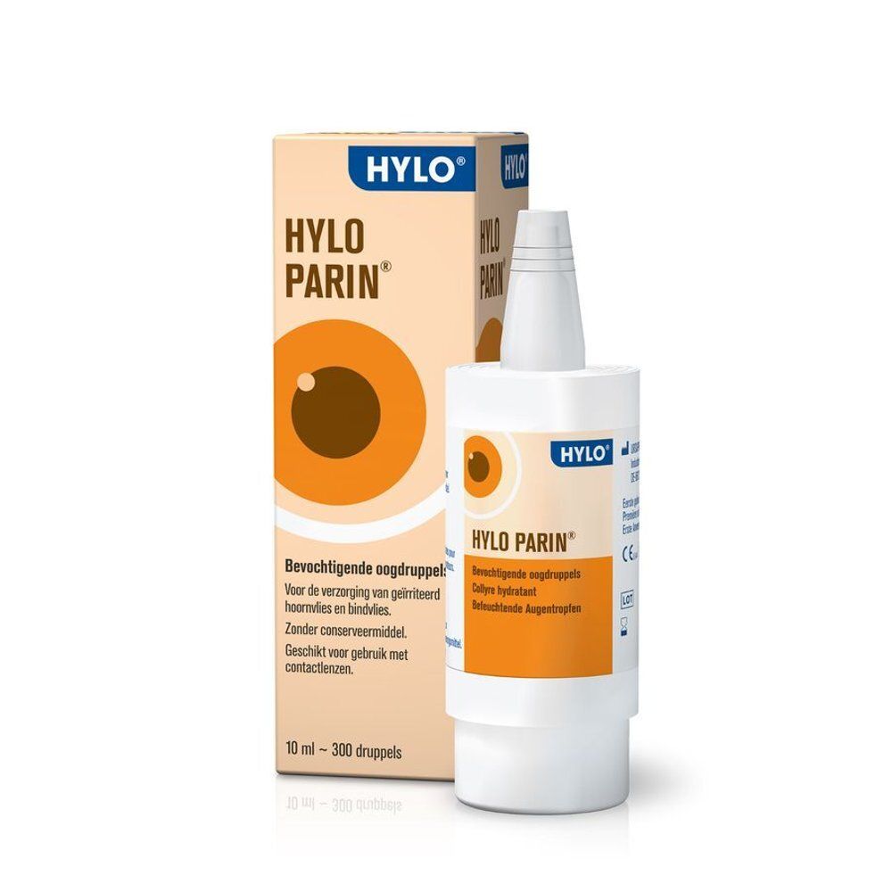Flacon de collyre Hylo-Parin, face avant avec inscription française.