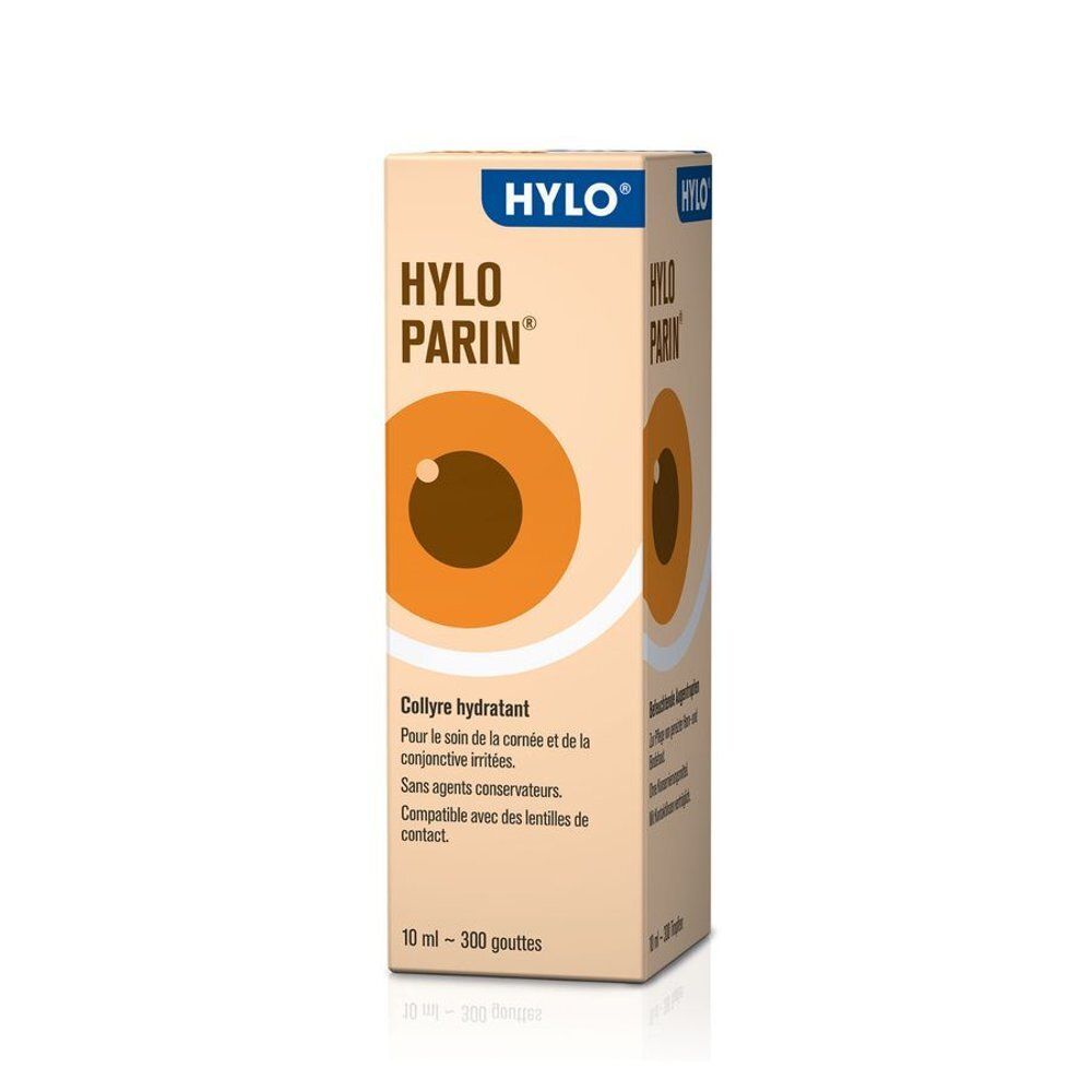 Flacon de collyre Hylo-Parin, vue latérale avec inscription française.