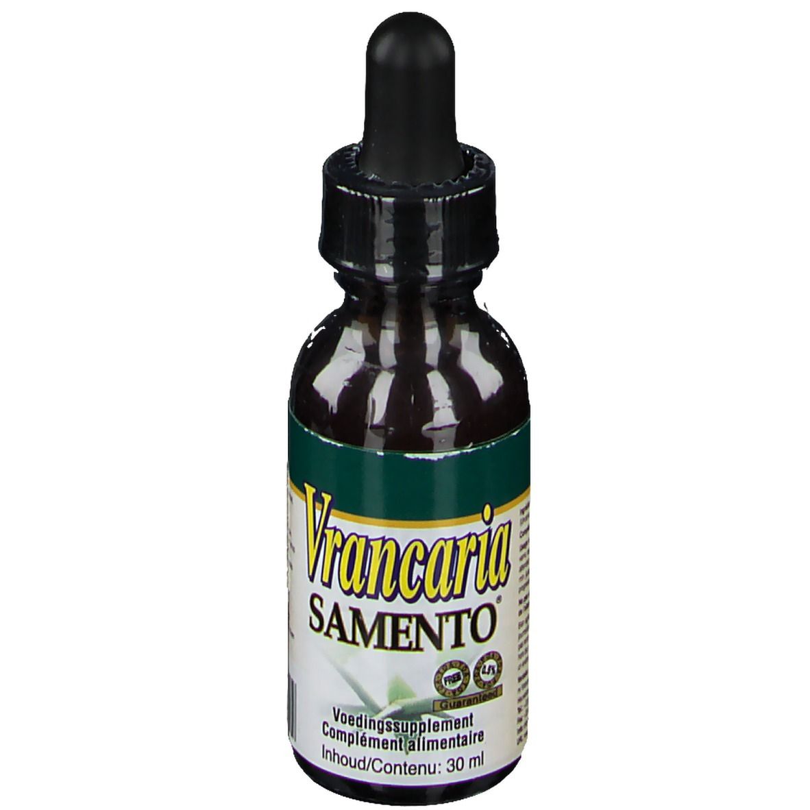 Bruine glazen fles met zwarte druppelaar. Etiket met "Vrancaria Samento" en groene band. Bevat 30 ml.