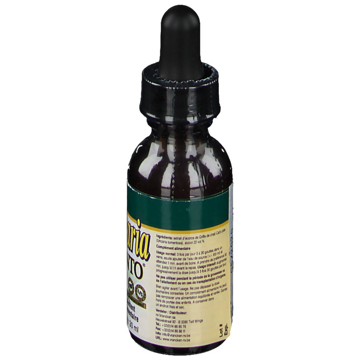 Achterkant van bruine glazen fles met zwarte druppelaar. Etiket met tekst, ingrediënten en doseringsinstructies.