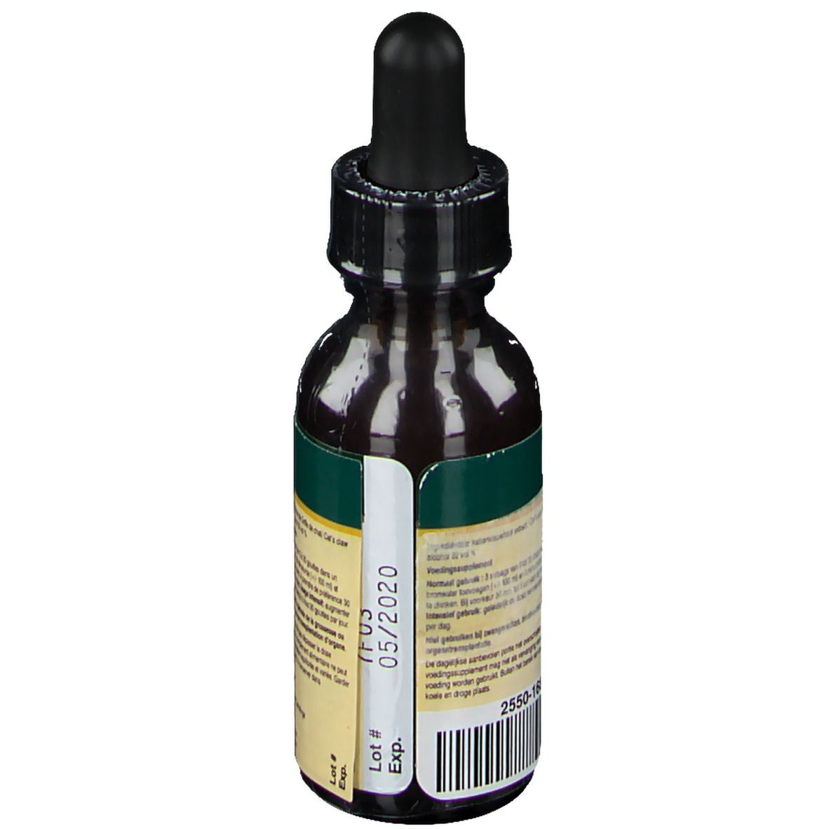 Achterkant van bruine glazen fles met zwarte druppelaar. Etiket met vervaldatum en lotnummer.