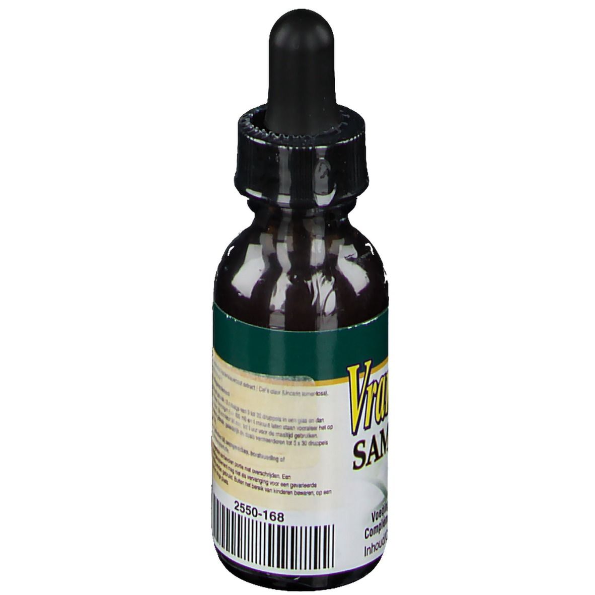 Achterkant van bruine glazen fles met zwarte druppelaar. Etiket met tekst, ingrediënten en doseringsinstructies.