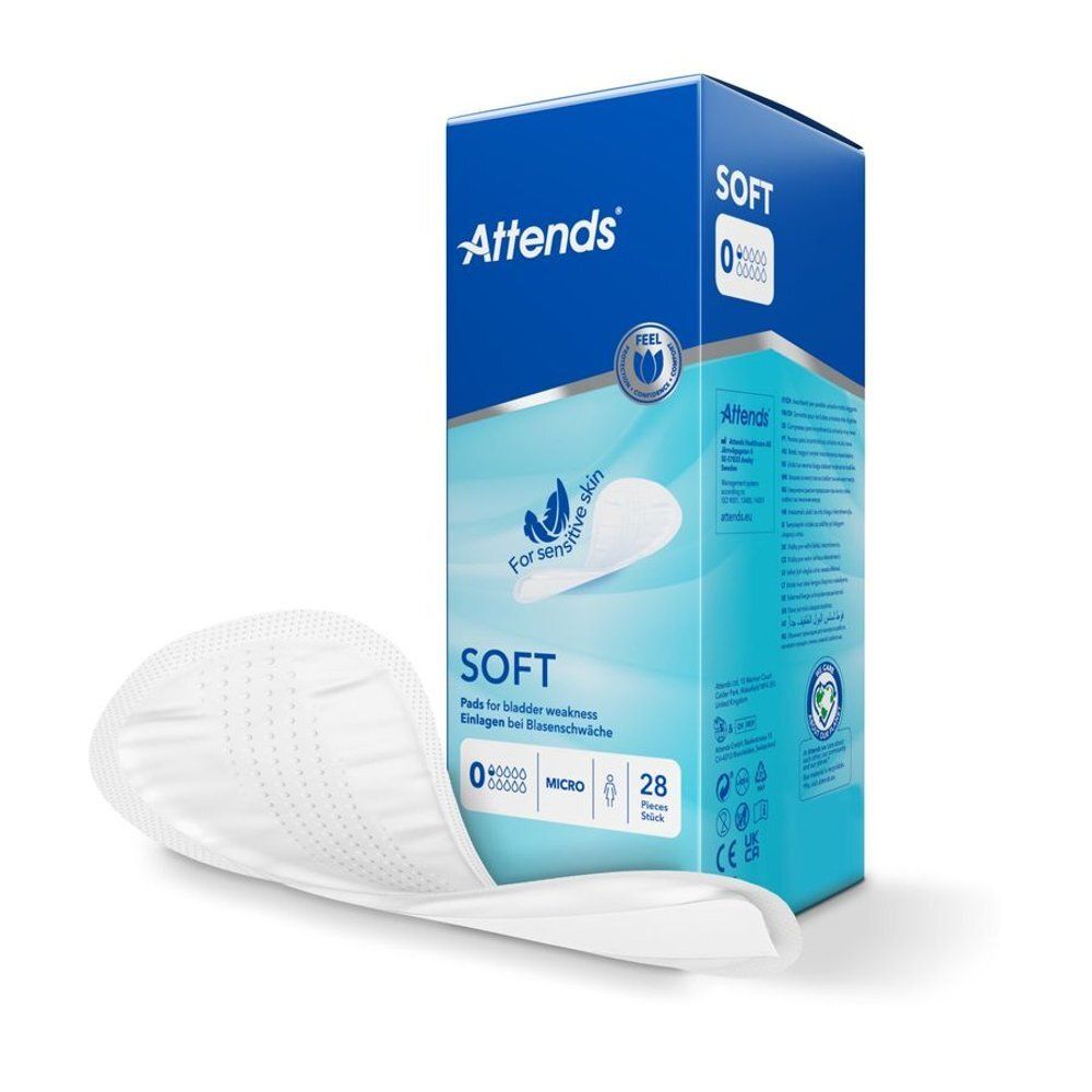 Attends Soft 0 Ultra Mini inlegkruisjes. Wit inlegkruisje en blauwe verpakking. Productinformatie en logo op de verpakking.