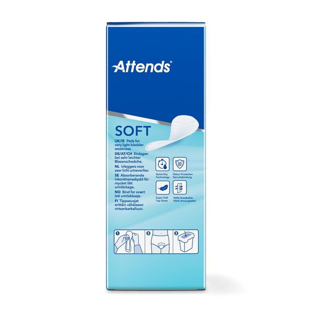 Achterkant van de blauwe Attends Soft verpakking. Tekst in meerdere talen. Illustraties van gebruik.