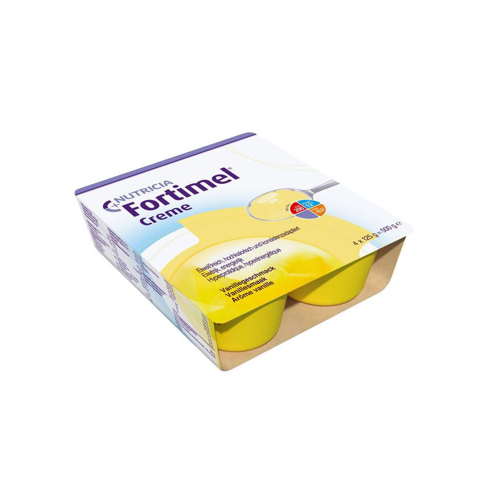 Emballage avec deux pots de Fortimel Crème Vanille. L'emballage présente le produit et contient des informations.
