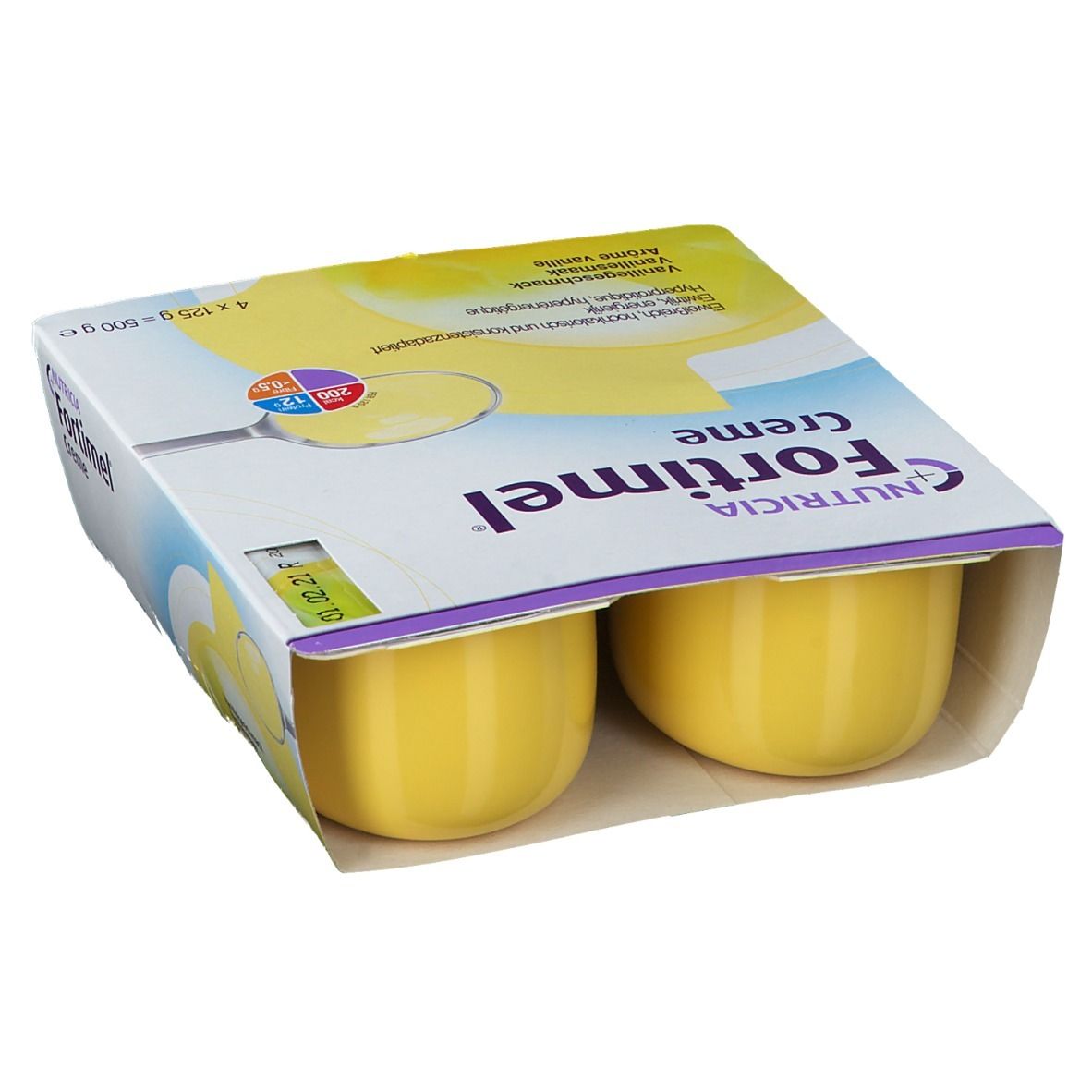Verpakking met twee bekers Fortimel Crème Vanille. De verpakking toont het product en bevat informatie.
