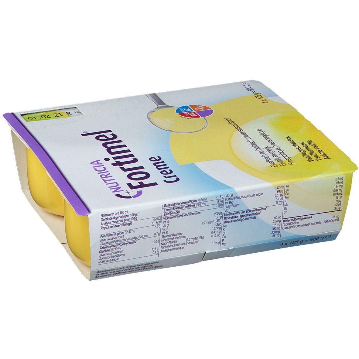 Verpakking met vier bekers Fortimel Crème Vanille. De verpakking toont het product en bevat informatie.