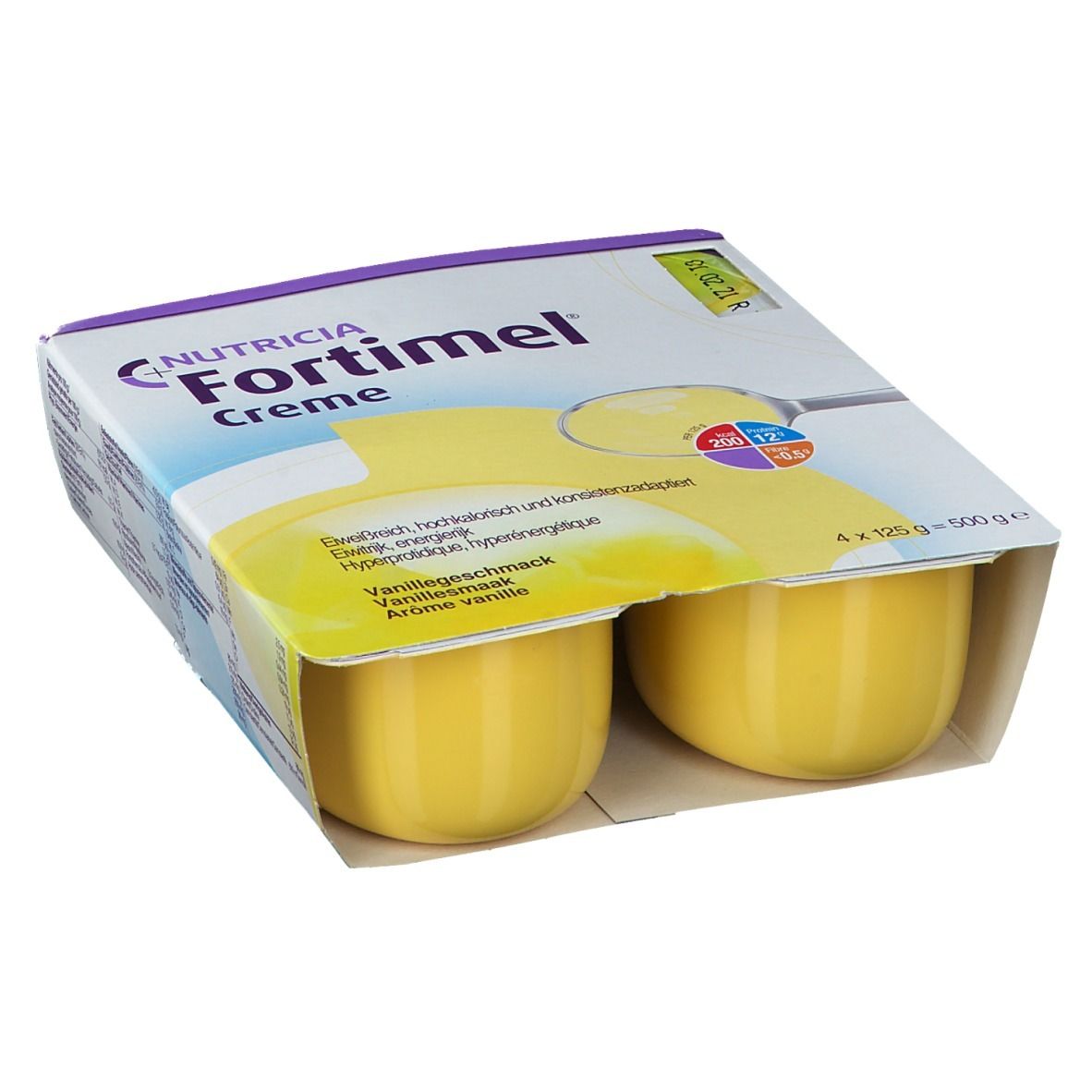 Verpakking met twee bekers Fortimel Crème Vanille. De verpakking toont het product en bevat informatie.