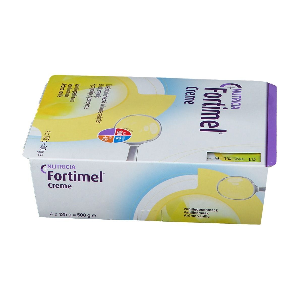 Verpakking met vier bekers Fortimel Crème Vanille. De verpakking toont het product en bevat informatie.