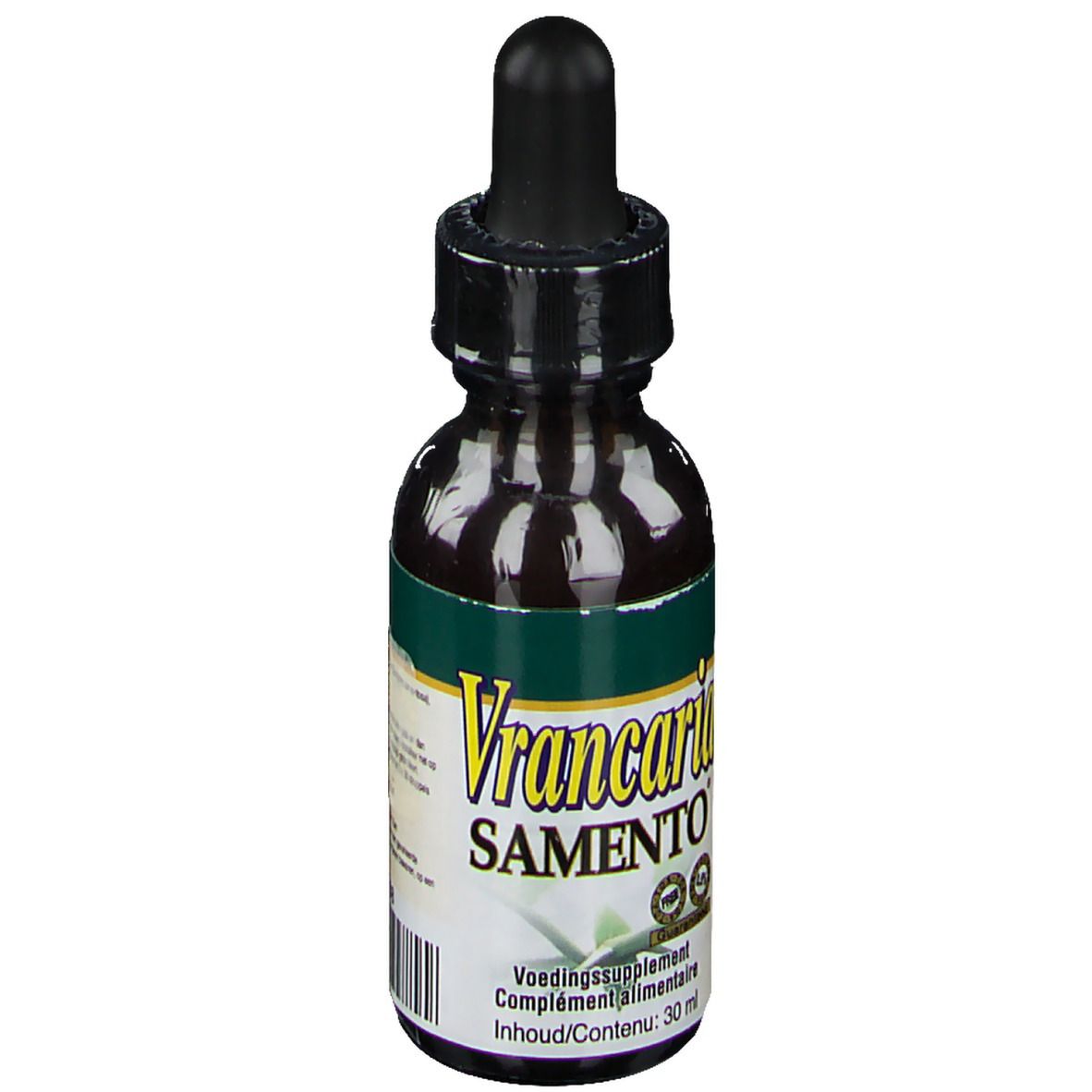 Bruine glazen fles met zwarte druppelaar. Etiket met "Vrancaria Samento" en groene band. Bevat 30 ml.