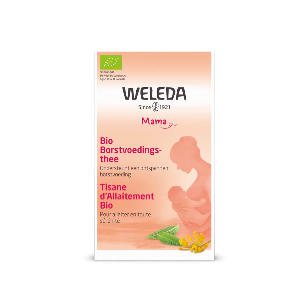 Weleda Mama Bio Borstvoedingsthee verpakking. Oranje doos met logo, tekst en illustratie van een voedende vrouw.