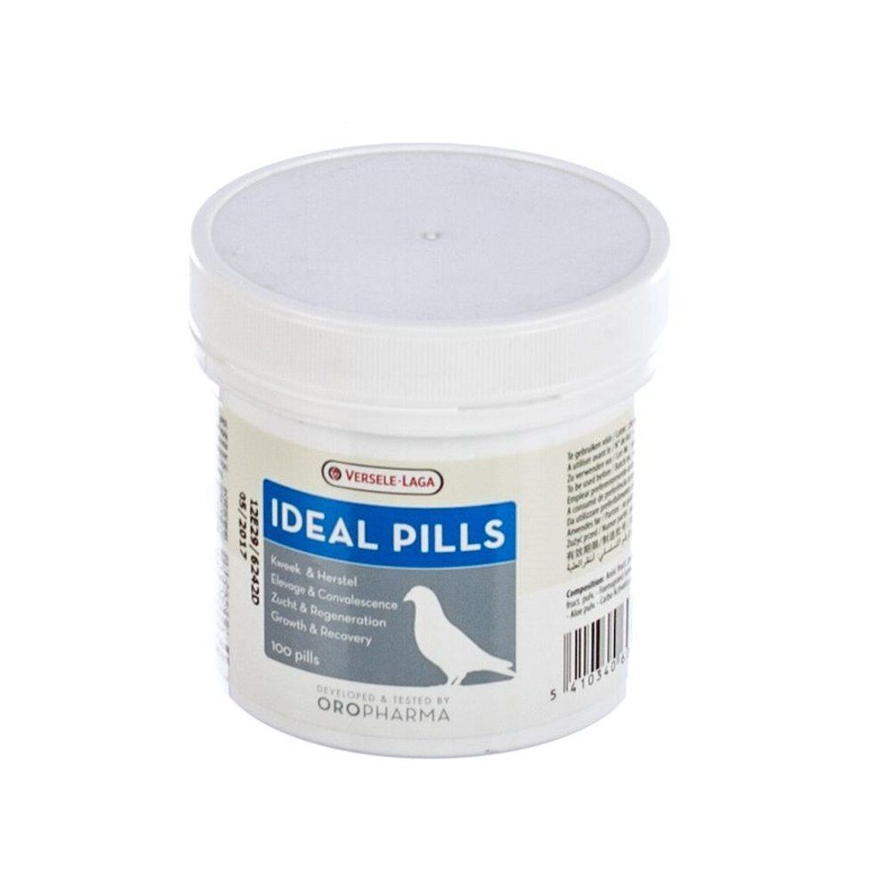 Witte pot met deksel. Opschrift "IDEAL PILLS" en logo. Bevat 100 pillen. Merk: VERSELE LAGA, OROPHARMA.