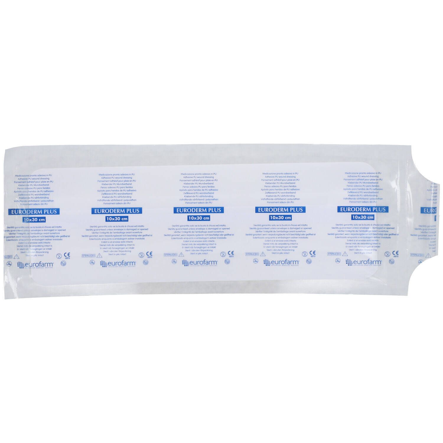Emballage de pansement Euroderm Plus 10cm x 30cm. Plusieurs emballages côte à côte. Texte bleu sur fond blanc.