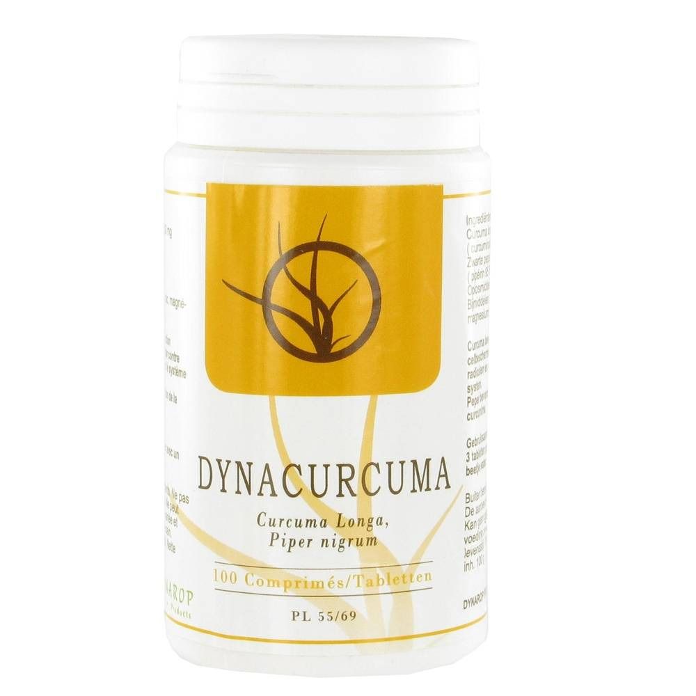 Witte fles met geel etiket. Opschrift: Dynacurcuma, Curcuma Longa, Piper nigrum. Bevat 100 tabletten.