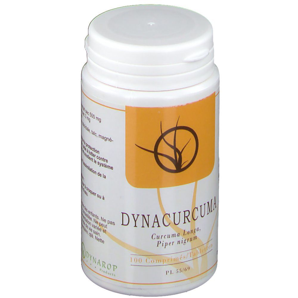 Tablettenfles, voorkant. Opschrift: Dynacurcuma, Curcuma Longa, Piper nigrum. 100 tabletten.