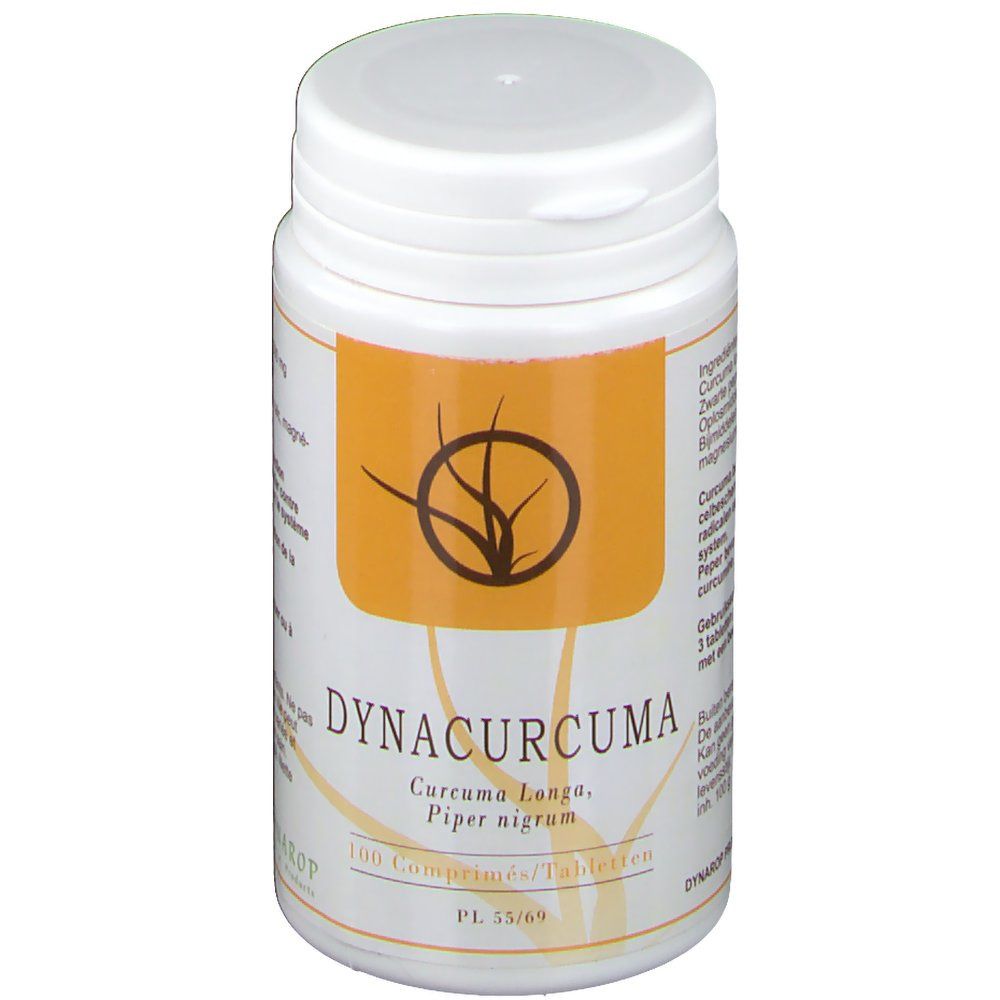 Tablettenfles, voorkant. Opschrift: Dynacurcuma, Curcuma Longa, Piper nigrum. 100 tabletten.