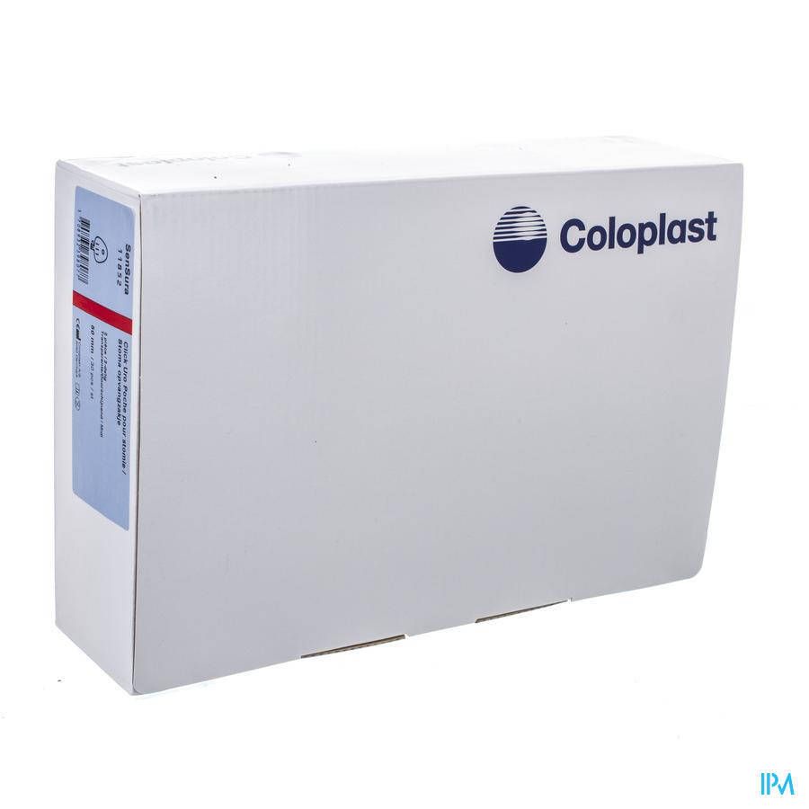 Witte doos met Coloplast-logo. Blauwe en rode etiketten op de zijkant. Hoekweergave.