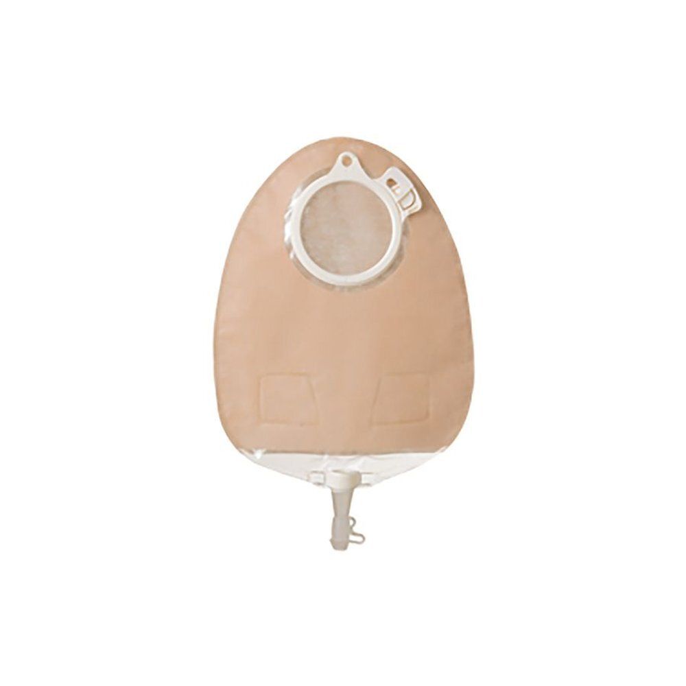 Système de poche. Forme ovale beige avec anneau et fermeture blancs. Sortie en bas. Deux zones carrées.