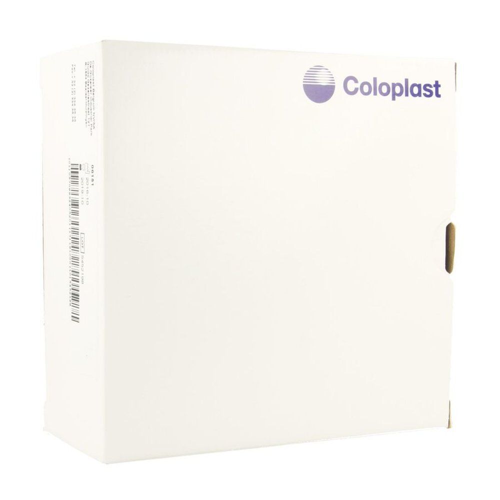 Witte doos met Coloplast-logo. Bedrukking en barcode op de zijkant. Bruine openingslip.