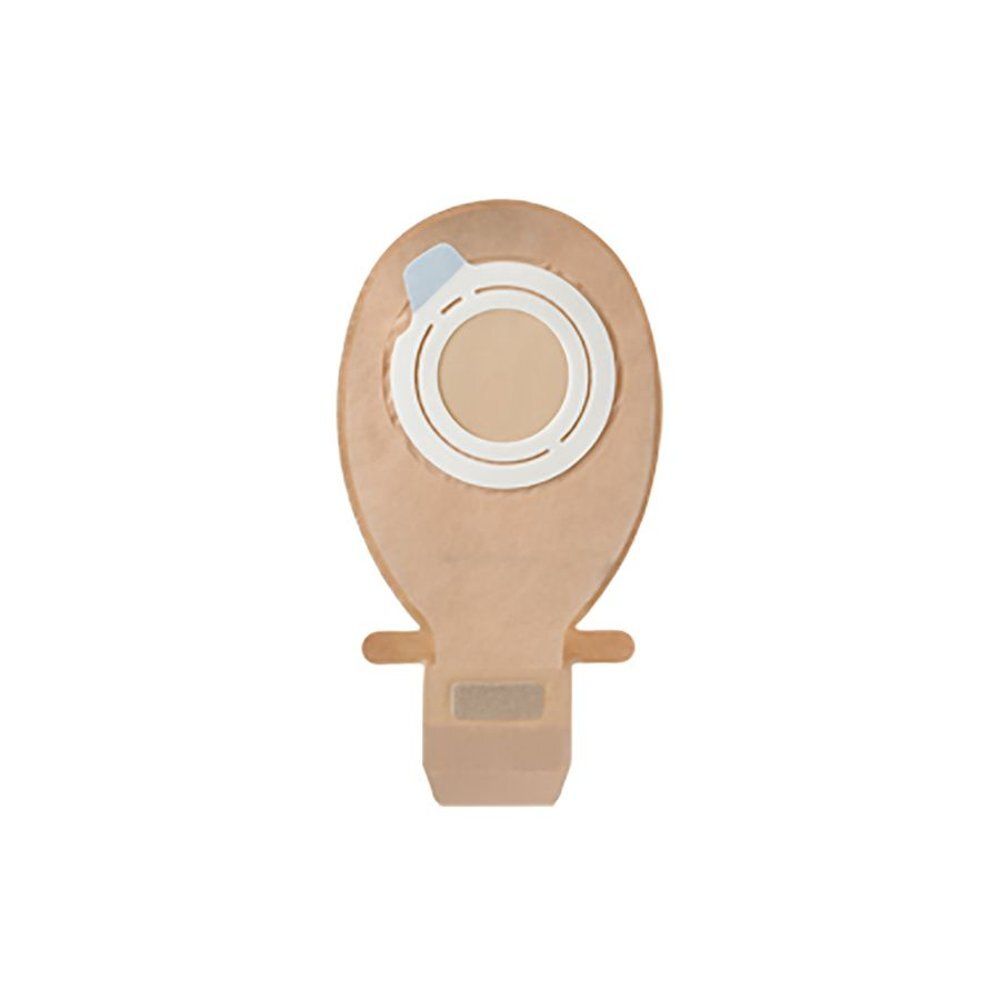 Beige zakje met witte ring en blauwe sluiting. Onderste deel met twee lipjes en rechthoekige opening.