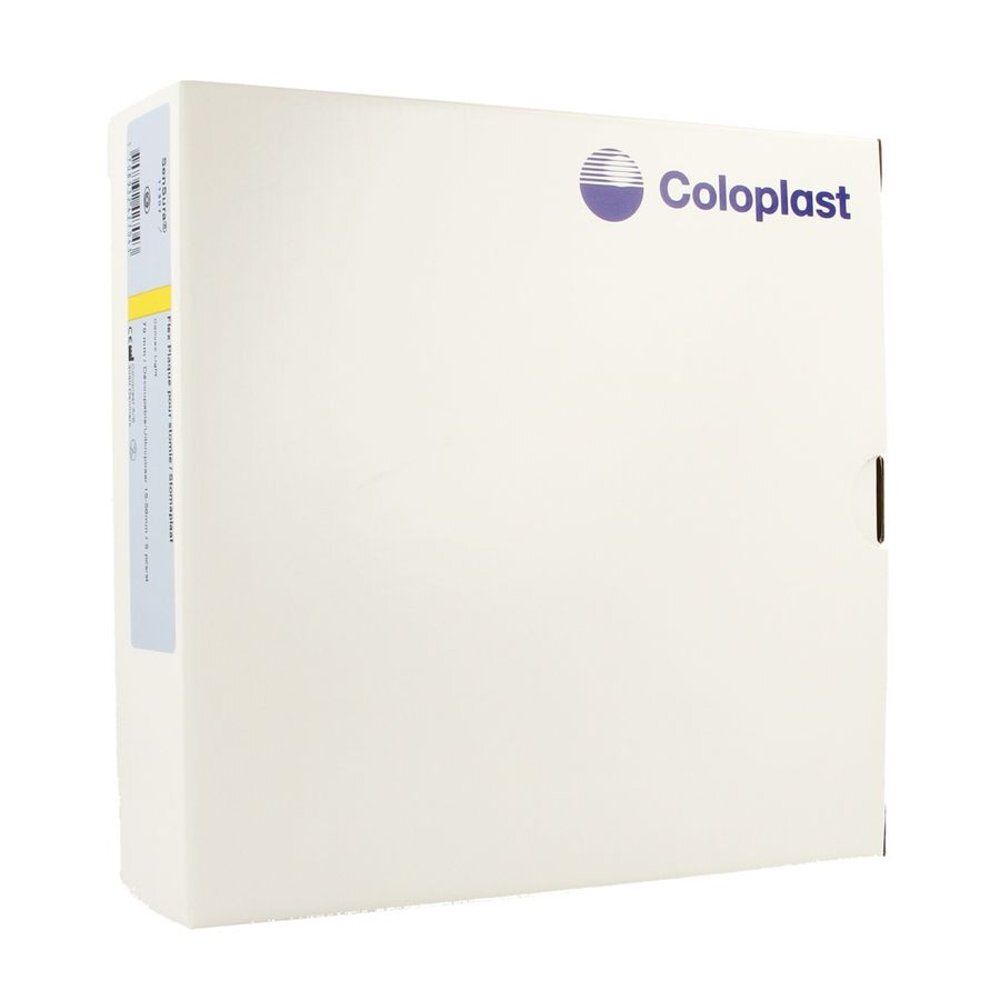 Boîte blanche avec logo Coloplast. Étiquette d'informations produit sur le côté. Forme carrée.