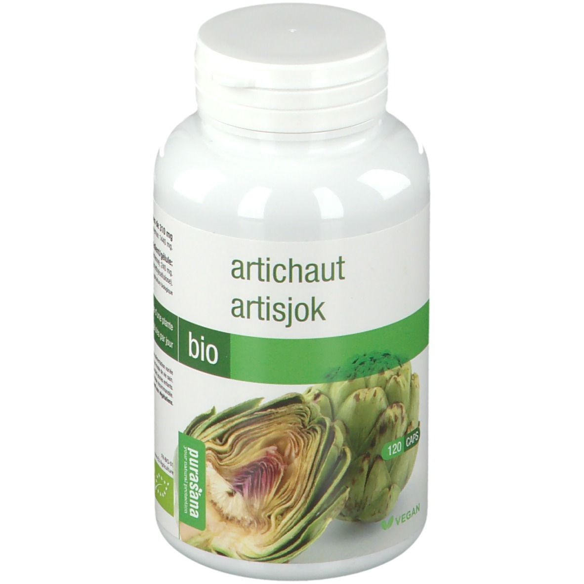 Witte fles met capsules. Opschrift: Artichaut, Bio. Afbeelding van een artisjok. Vegan-keurmerk.