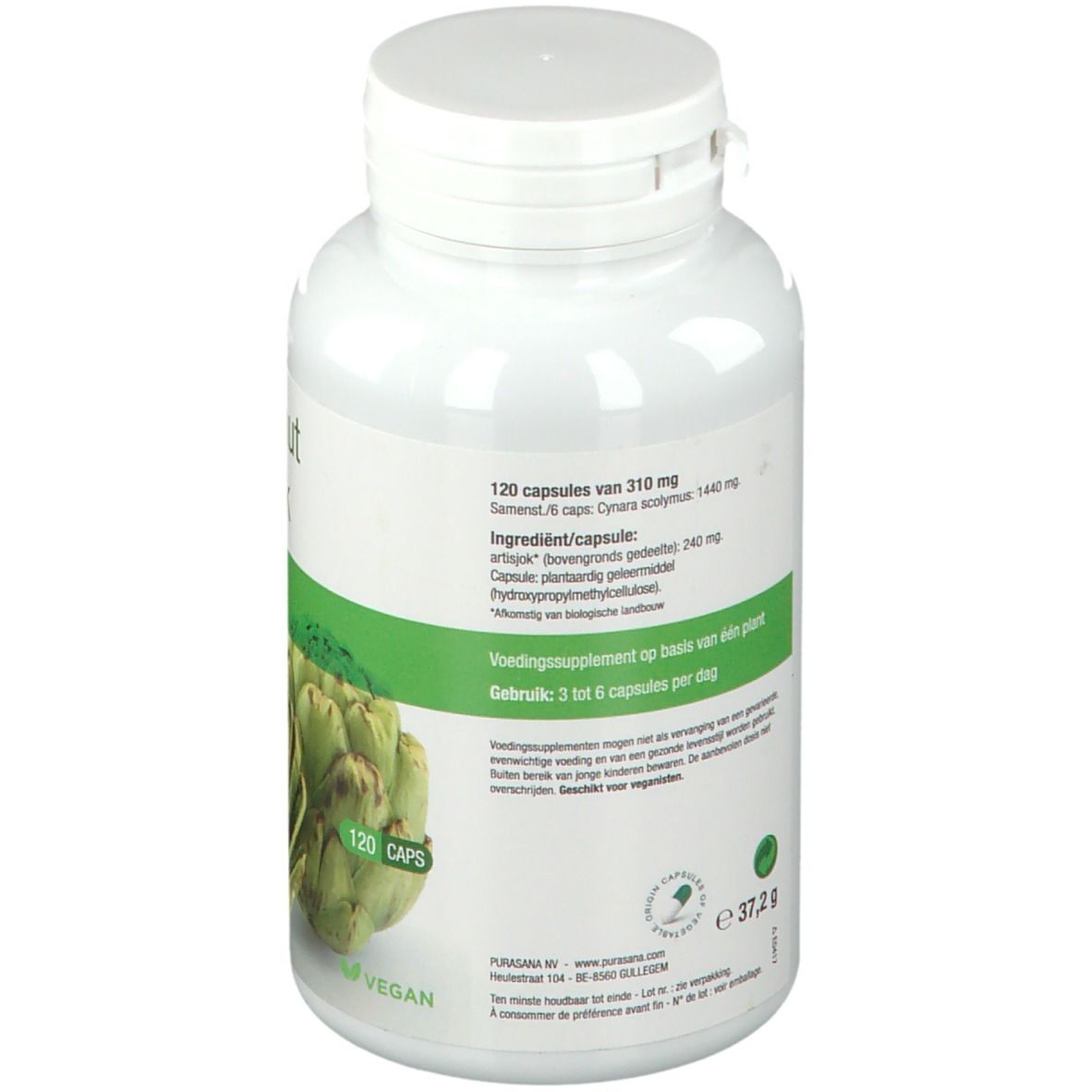 Achterkant van de fles met informatie. Bevat 120 capsules. Ingrediëntenlijst. Vegan-keurmerk. EU-Bio-logo.