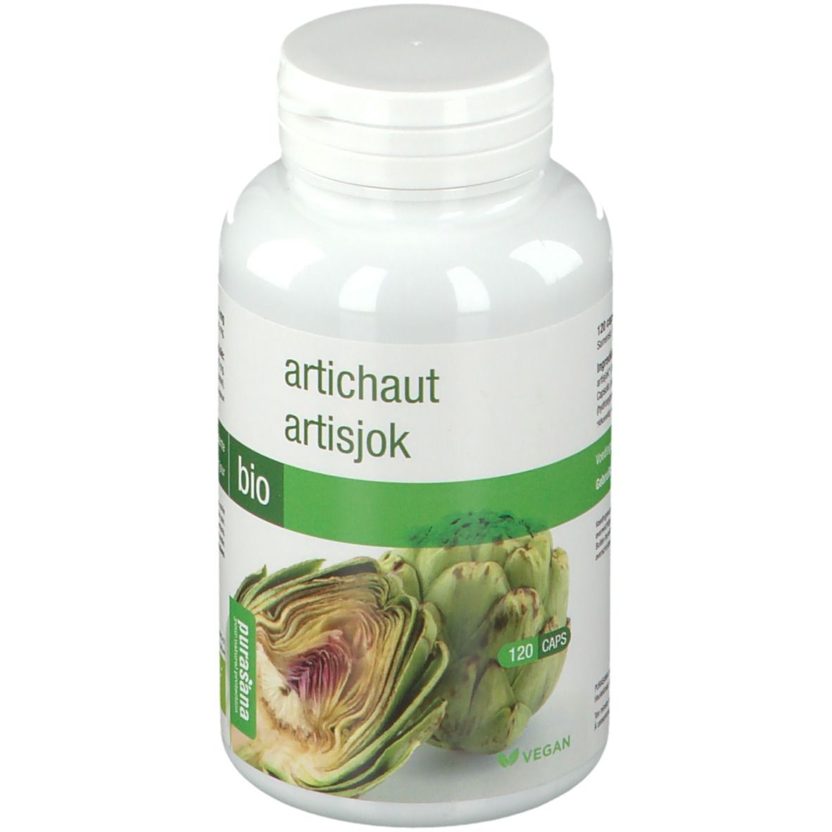 Witte fles met capsules. Opschrift: Artichaut, Bio. Afbeelding van een artisjok. Vegan-keurmerk.